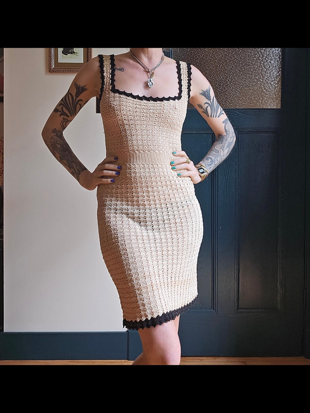 Vintage Beige Crochet Bodycon Dress with Black Trim